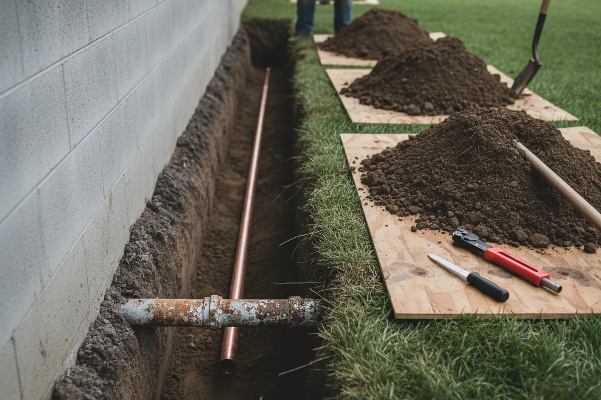 Excavated water line trench during Sewer Line Repair in Forsyth